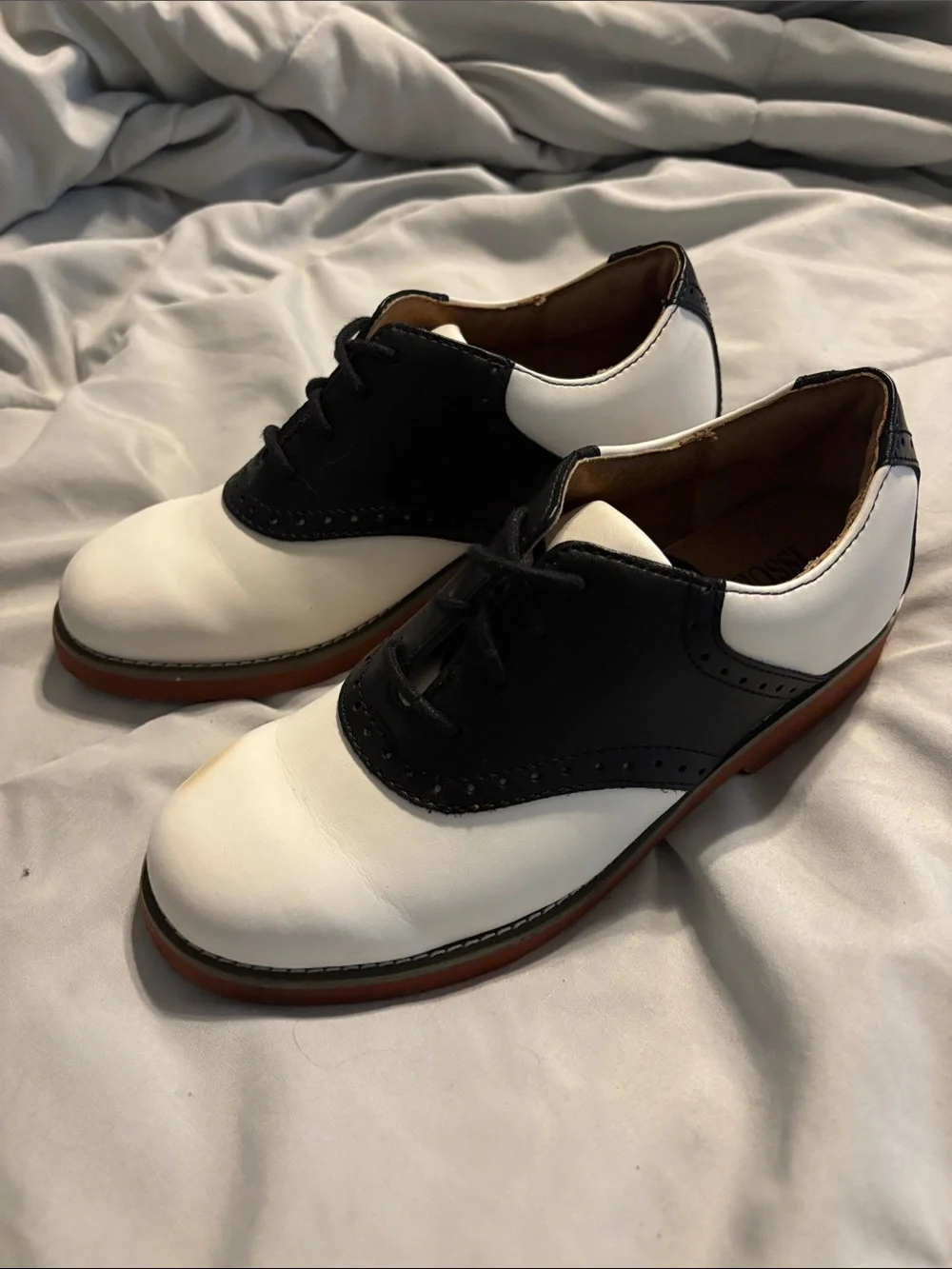 School Issue Two-Tone Kids Saddle Shoes in White and Black with Brown Sole